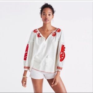 Madewell embroidered white/red boho peasant top